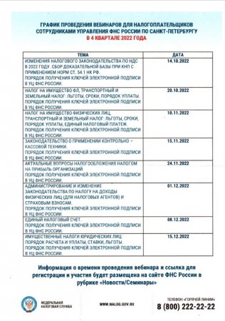 График проведения вебинаров для налогоплательщиков сотрудниками ФНС России по Санкт-Петербургу